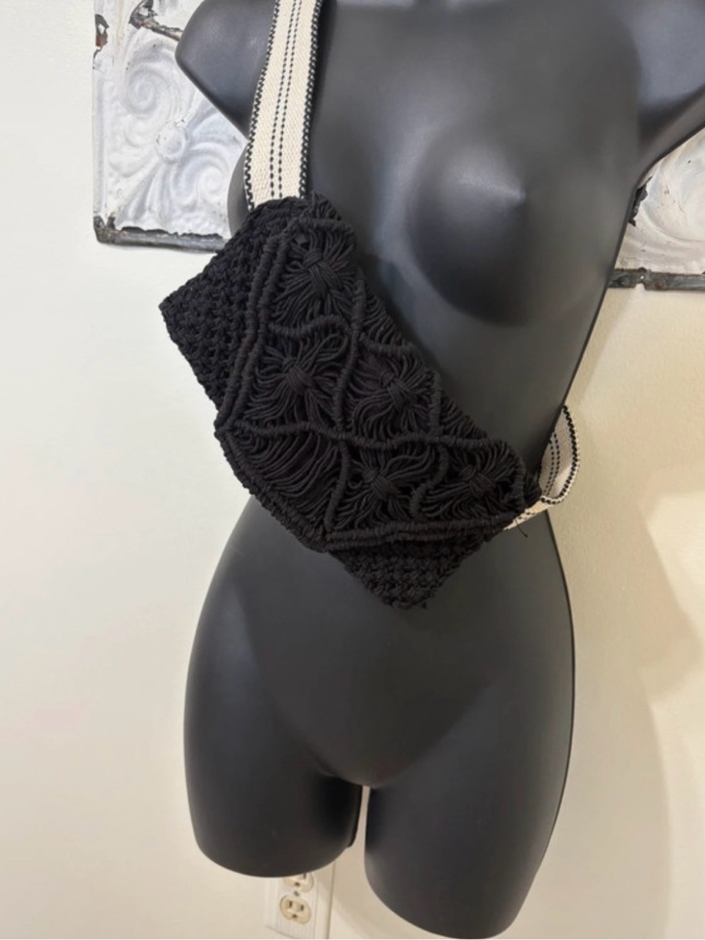 O'Neill Black Macramé Crossbody Bag with Striped Strap